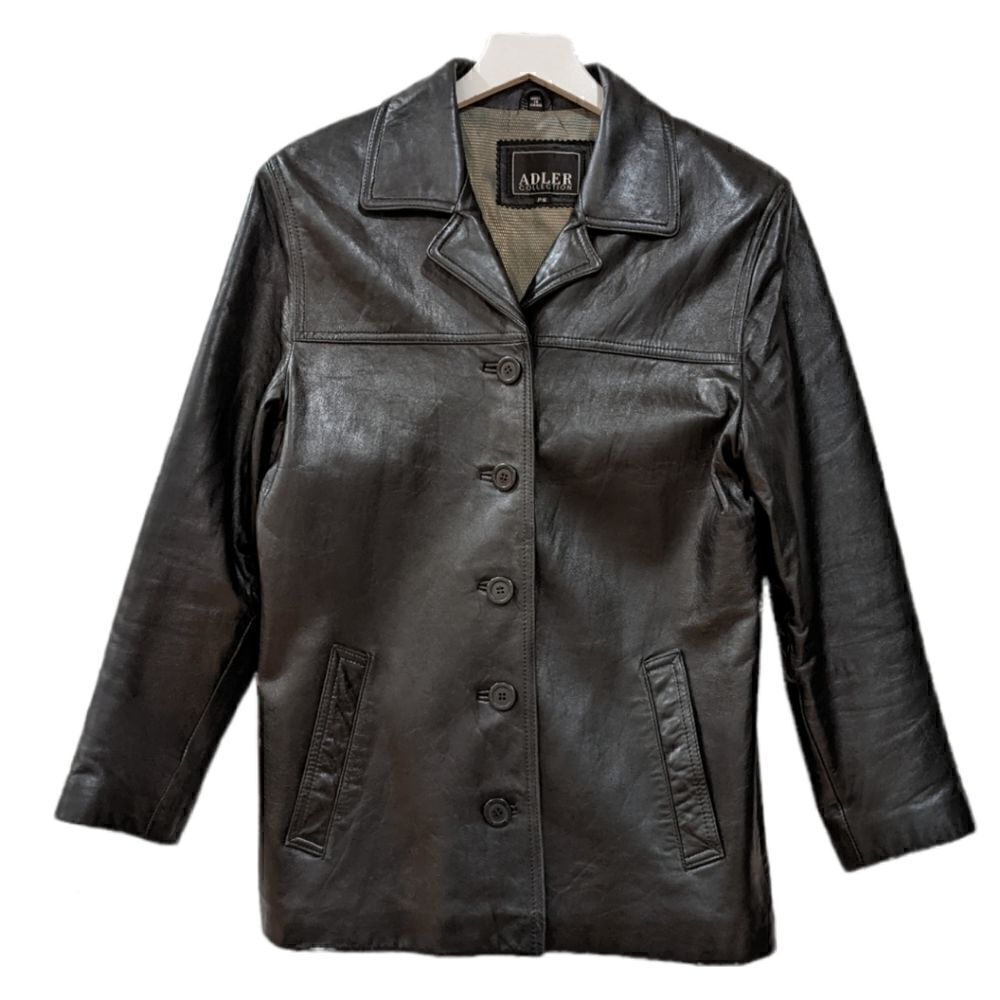Adler Collection Black Genuine Leather Lambskin Lining Buttoned Jacket Size PS